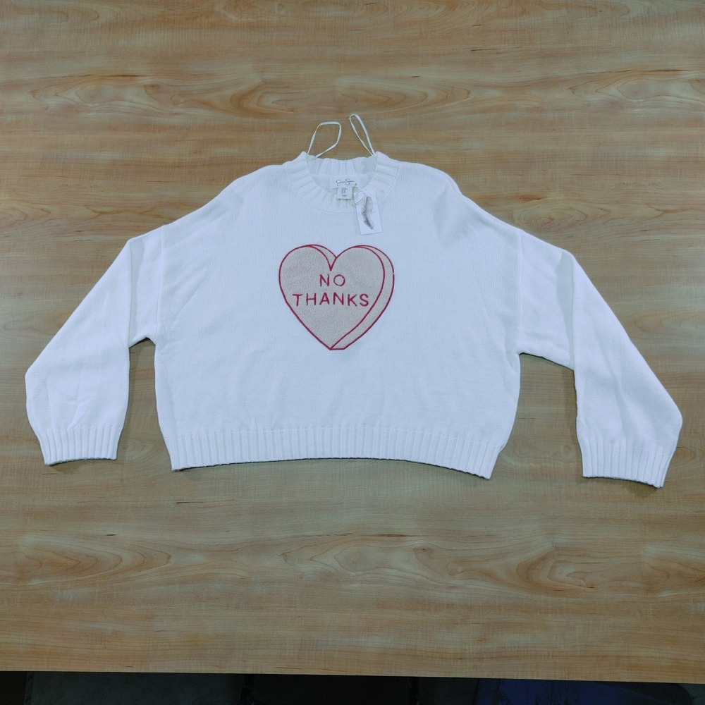Jessica Simpson No Thanks Heart Graphic Sweater White Womens Size M